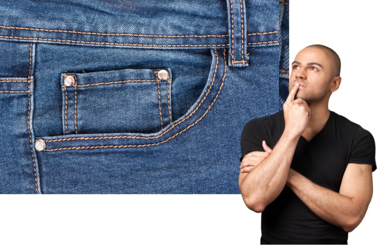 man is thinking about tiny pocket on jeans