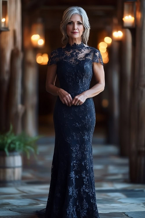 A chic petite woman over 50 wearing a navy lace sheath dress with cap sleeves, posing in a candlelit outdoor wedding