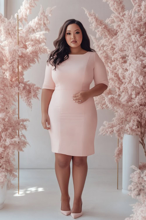 A chic plus-size woman in a blush pink knee-length sheath dress with a square neckline and subtle embroidery (2)