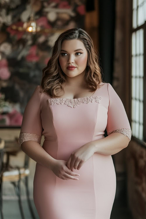 A chic plus-size woman in a blush pink knee-length sheath dress with a square neckline and subtle embroidery