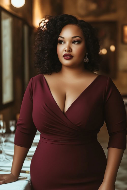 A chic plus-size woman in a burgundy wrap dress with three-quarter sleeves and a high-low hemline