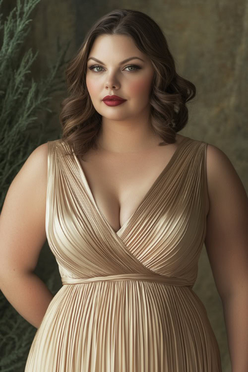 A chic plus-size woman in a champagne-colored midi dress with a scoop neckline and pleated detailing