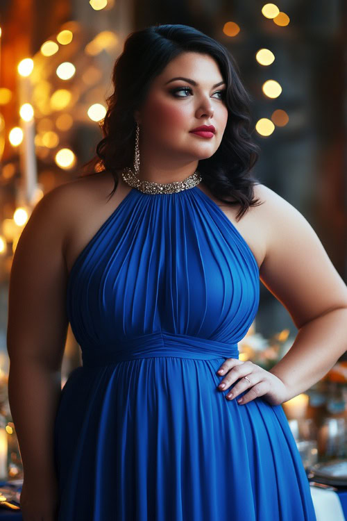 A chic plus-size woman in a cobalt blue A-line dress with a halter neckline and flared skirt