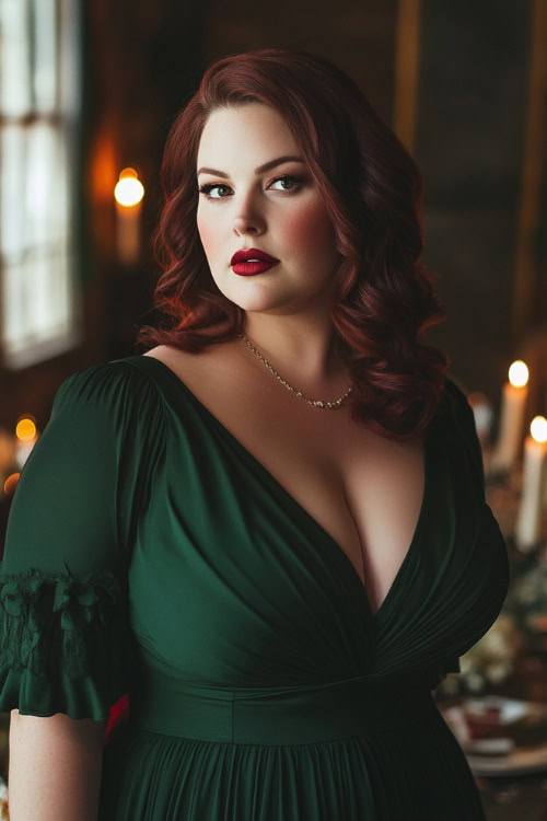 A chic plus-size woman in a deep emerald green tea-length dress with flutter sleeves