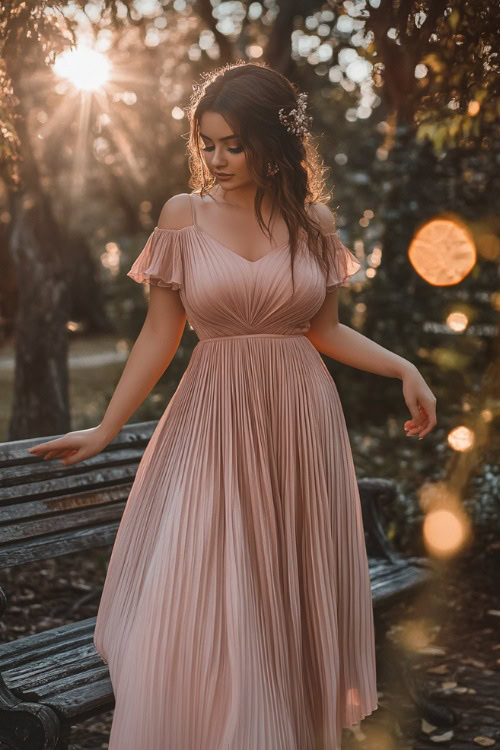 A chic plus-size woman in a dusty rose midi dress with a pleated skirt and flutter sleeves