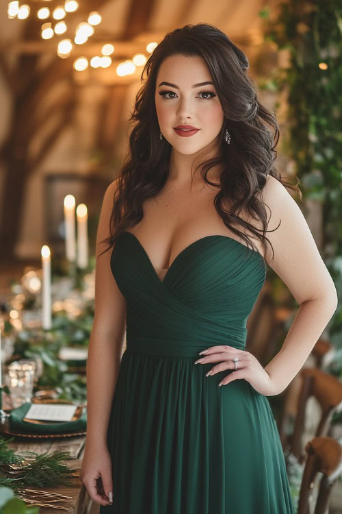 A chic plus-size woman in a forest green midi dress with a sweetheart neckline