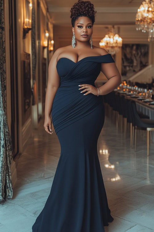 A chic plus-size woman in a navy floor-length dress with a one-shoulder design