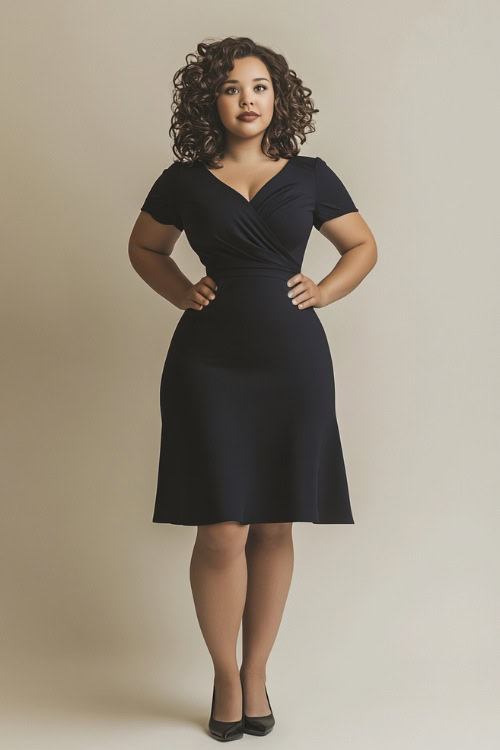 A chic plus-size woman in a navy knee-length dress with a sweetheart neckline