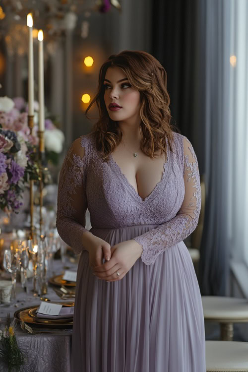 A chic plus-size woman in a pastel lavender knee-length dress with subtle lace detailing