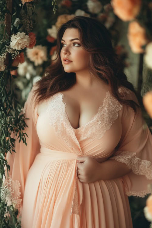 A chic plus-size woman in a pastel peach high-low wrap dress with lace trimming on the hem