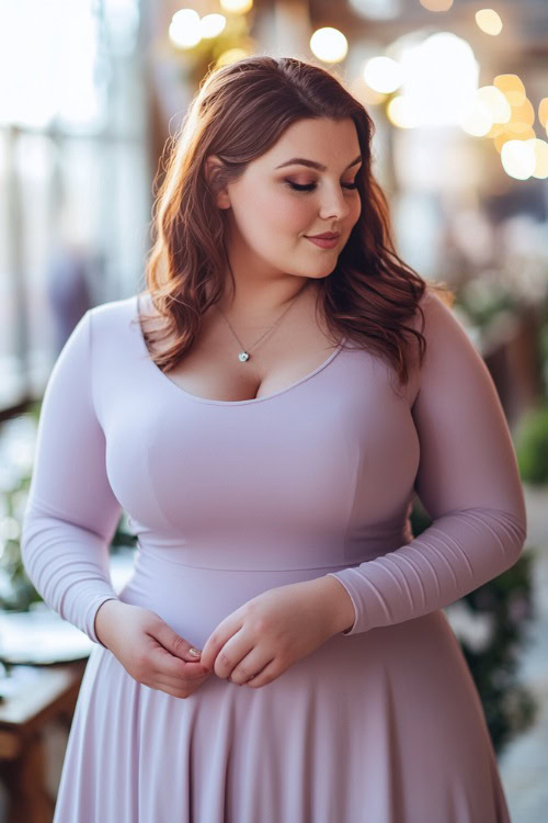 A chic plus-size woman in a soft lilac knee-length dress with a scoop neckline