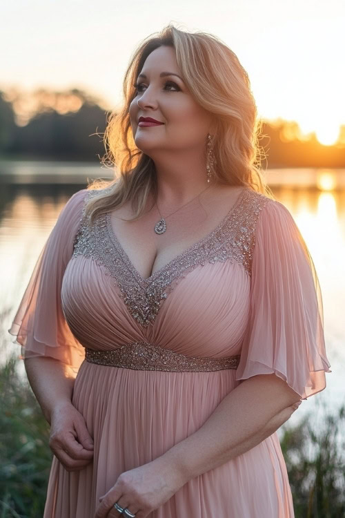 A chic plus-size woman over 50 wearing a blush pink midi dress with an embellished neckline, standing near a lake during sunset