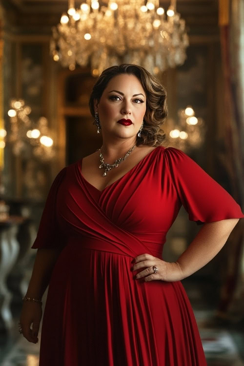 A chic plus-size woman over 50 wearing a deep red wrap dress with cap sleeves, posing in a candlelit ballroom