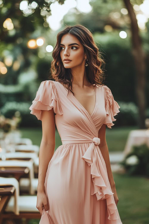 A chic woman in a blush pink high-low wrap dress with ruffled details and short flutter sleeves, standing near a softly lit outdoor wedding setup