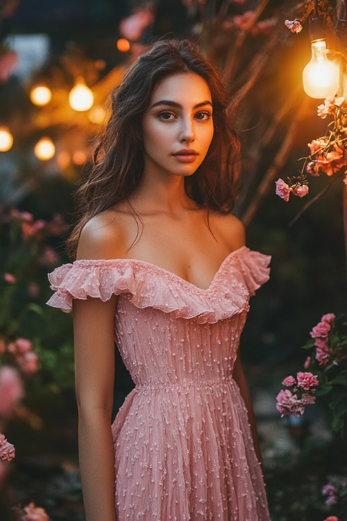 A chic woman in a blush pink midi dress with a scalloped neckline and ruffled hem