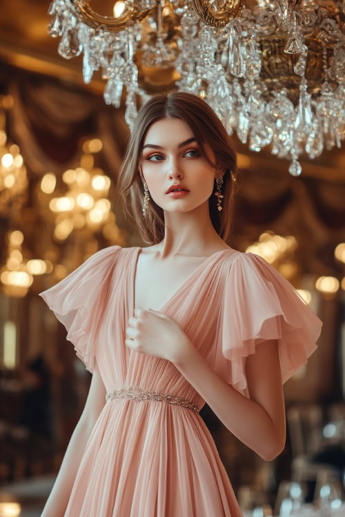 A chic woman in a blush pink midi dress with flutter sleeves, posing under a grand chandelier at a wedding reception