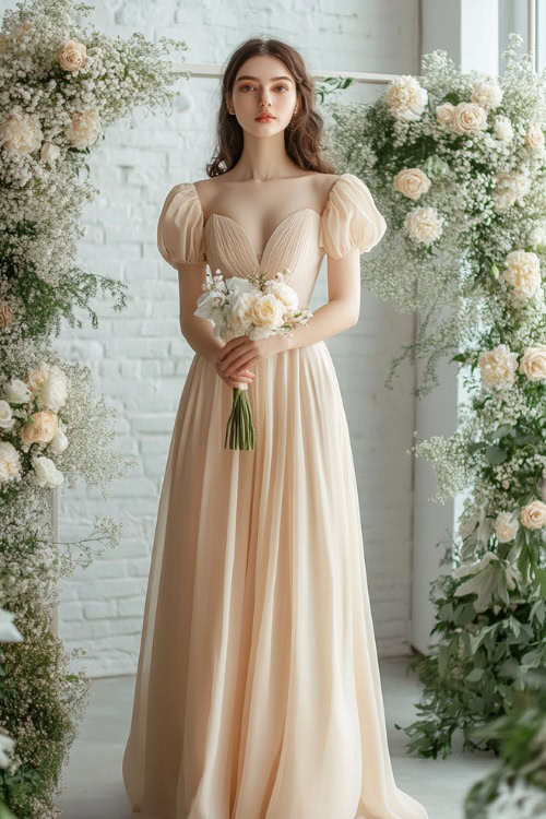 A chic woman in a champagne-colored gown with an empire waist and short flutter sleeves