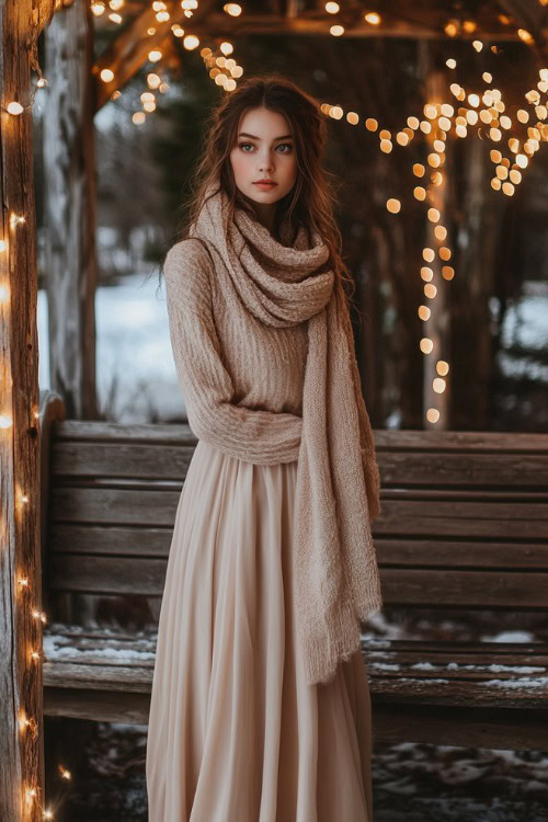 A chic woman in a champagne-colored high-low dress layered with a soft wool scarf