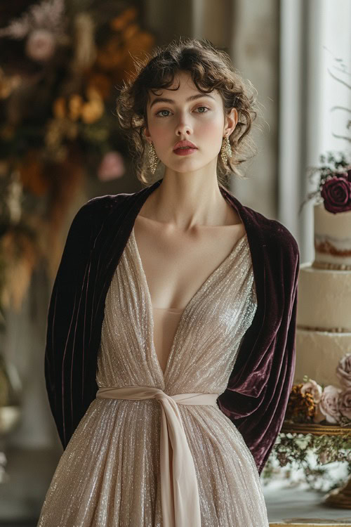 A chic woman in a champagne-colored maxi dress styled with a velvet shawl, standing near a wedding cake display indoors