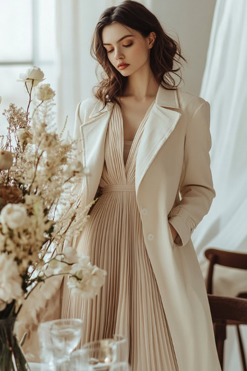 A chic woman in a champagne-colored pleated dress paired with a tailored cream trench coat