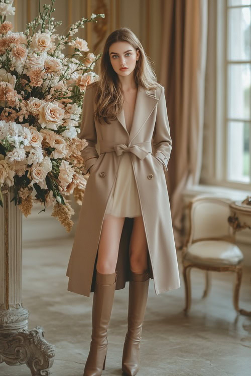 A chic woman in a champagne-colored sheath dress with taupe knee-high boots and a long tailored trench coat