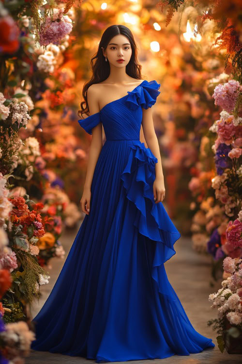 A chic woman in a cobalt blue one-shoulder dress with a tulip hem and ruffled bodice