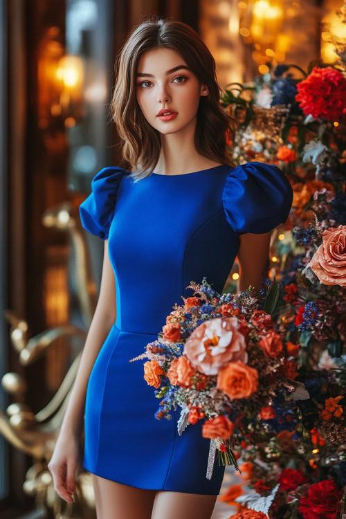 A chic woman in a cobalt blue short dress with puff sleeves and a cinched waist,