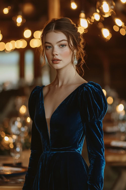 A chic woman in a cobalt blue velvet tea-length dress with flared sleeves