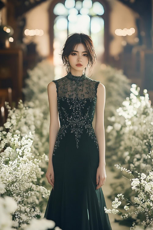 A chic woman in a dark green sheath dress with subtle embroidery