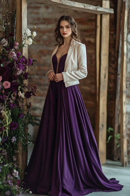 A chic woman in a dark plum floor-length gown layered with a tailored cream blazer