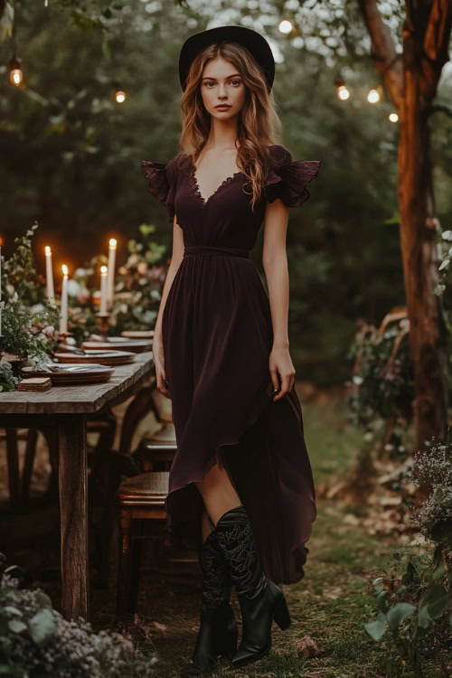 A chic woman in a dark plum midi dress with cap sleeves, styled with black cowboy boots