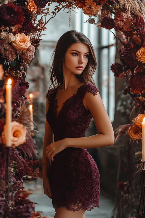 A chic woman in a dark plum short A-line dress with subtle lace detailing