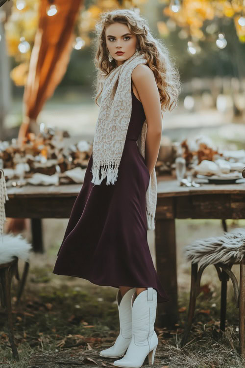 A chic woman in a dark plum tea-length dress styled with white cowboy boots and a soft wool scarf