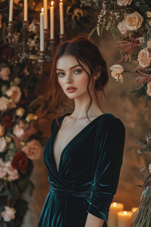 A chic woman in a dark teal velvet wrap dress with a cinched waist