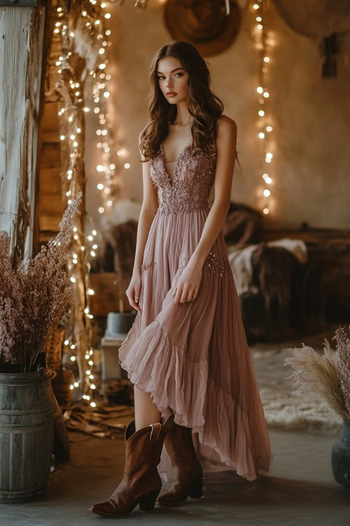 A chic woman in a dusty rose A-line dress styled with cowboy boots