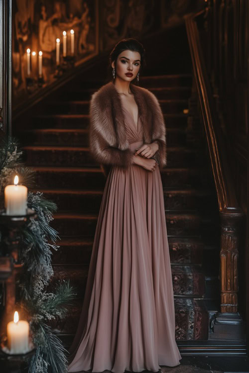 A chic woman in a dusty rose A-line gown paired with a faux fur jacket, standing near a candlelit staircase at a formal wedding venue