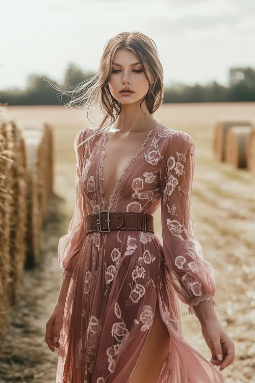 A chic woman in a dusty rose knee-length dress with floral embroidery (2)