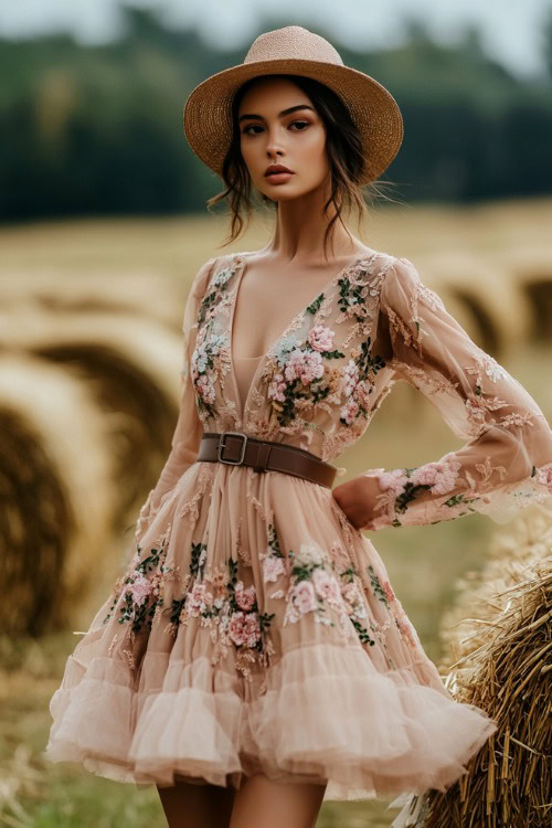 A chic woman in a dusty rose knee-length dress with floral embroidery