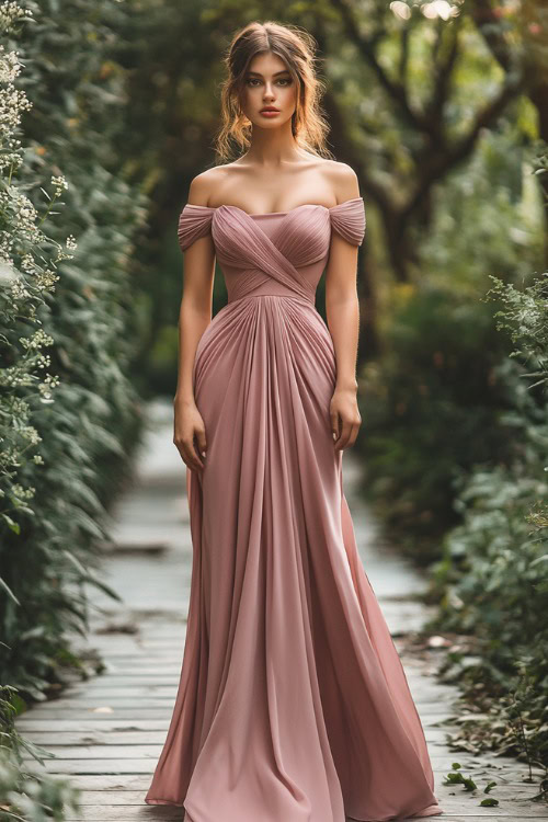 A chic woman in a dusty rose maxi dress with a gathered waist and a modest neckline, posing near a softly lit wedding aisle lined with greenery