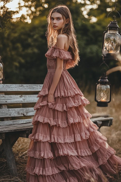 A chic woman in a dusty rose midi dress with lace accents and a ruffled skirt (2)