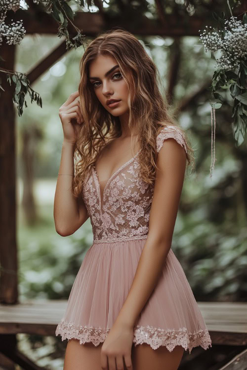 A chic woman in a dusty rose short A-line dress with lace accents