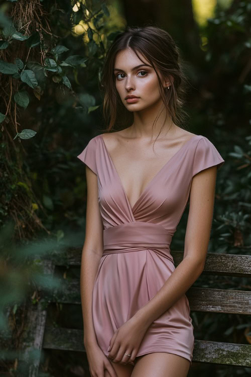 A chic woman in a dusty rose short wrap dress with cap sleeves