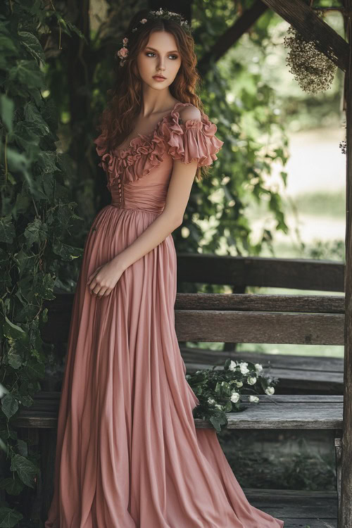 A chic woman in a dusty rose tea-length dress with a bubble hem and ruffled neckline