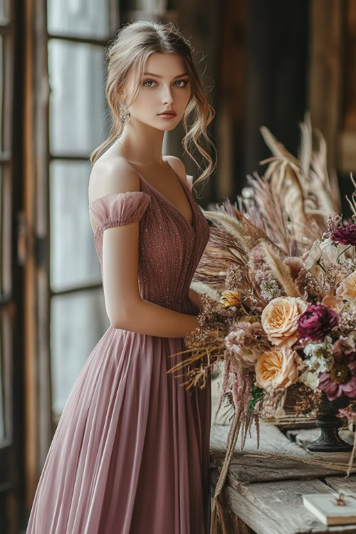 A chic woman in a dusty rose tea-length dress with cap sleeves, posing near a rustic floral wedding centerpiece indoors