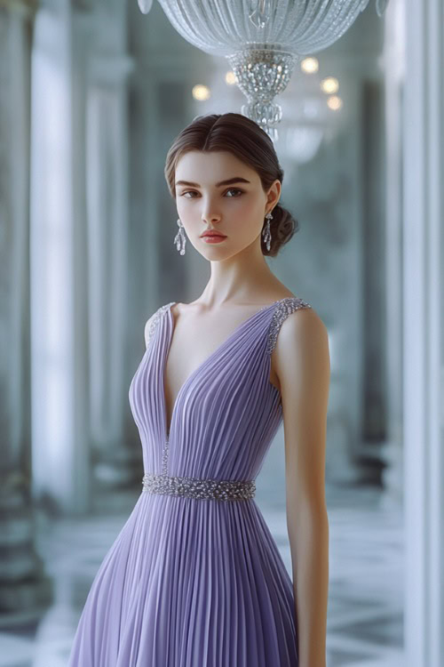 A chic woman in a lavender pleated dress with subtle beading, standing under a grand chandelier in a formal wedding venue