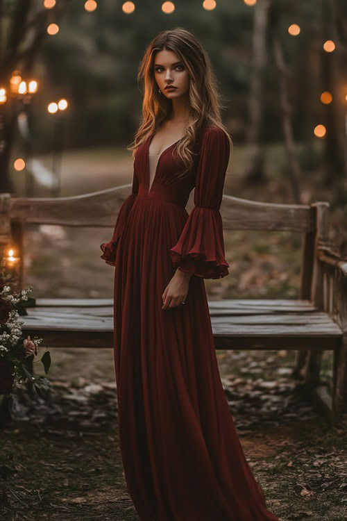 A chic woman in a maroon midi dress with flutter sleeves, standing near a rustic wedding bench lit with soft candles