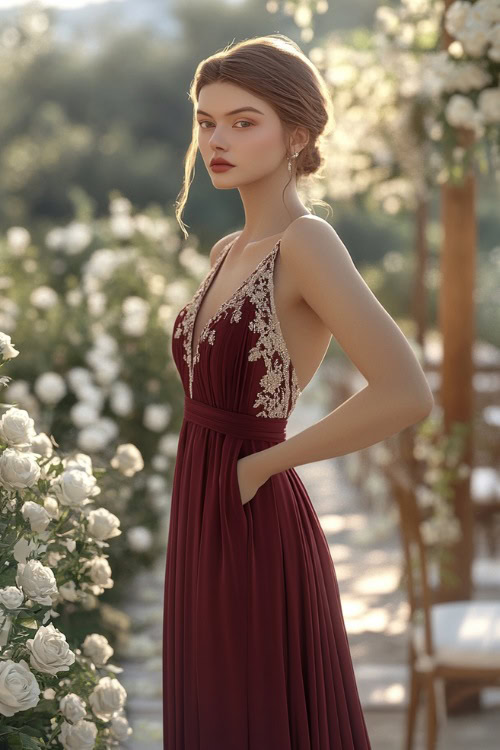 A chic woman in a maroon sleeveless sheath dress with a gathered bodice and lace detailing