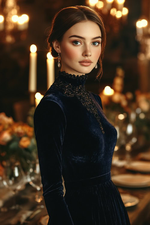 A chic woman in a navy velvet tea-length dress with a high neckline and flared sleeves