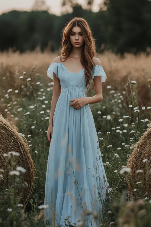 A chic woman in a pastel blue high-low dress with flutter sleeves and a cinched waist