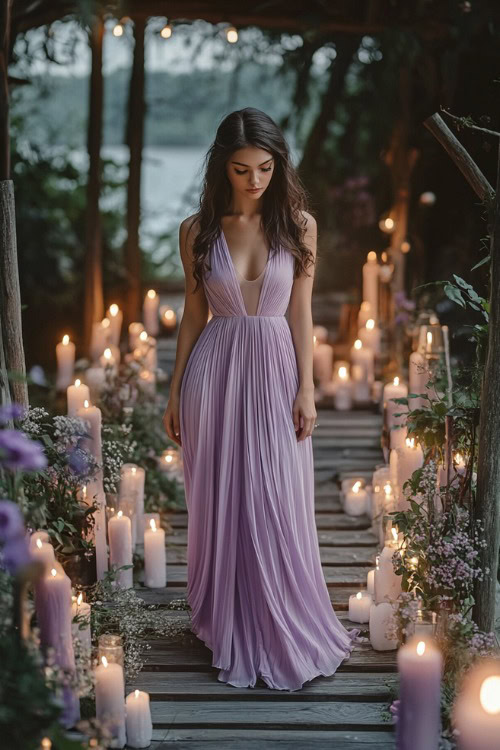 A chic woman in a pastel lavender high-low dress with pleated details (2)